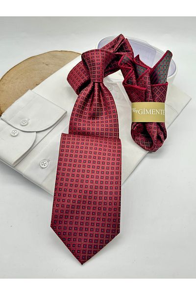 Gutiero Claret Red Patterned Classic Tie with Handkerchief