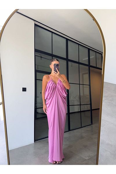 BB Bensu Buyruk Side Decocked Dress in Pink Satin