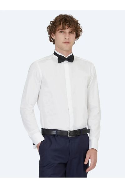 Kip White Plain Slim Fit Double Cuff Turtle Collar Tuxedo Shirt