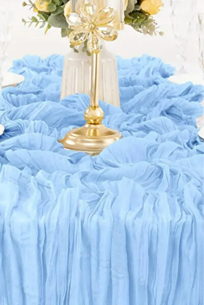 Hobi Goom Mavi Şifon Dökümlü, Kırışık Dokulu Dekoratif Kumaş Bohem Masa Runner | 180x80 cm