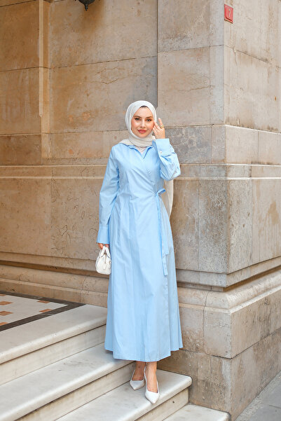 LOCCO Kadın Poplin Yan Bağlamalı Elbise Bebe Mavi