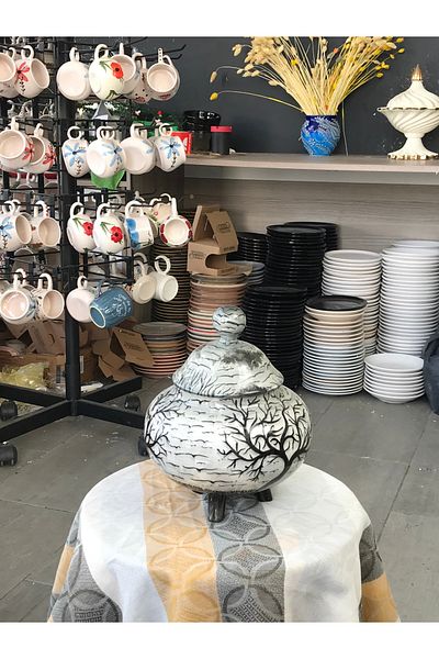 RGS HOMELİFE Black and White Tree Patterned Handmade Ceramic Flower Pot – Multi-Purpose Flower Pot with Lid & Foot