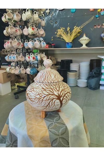RGS HOMELİFE Tree Patterned Handmade Ceramic Box – Can Be Used as a Lid, Pedestal & Flower Pot