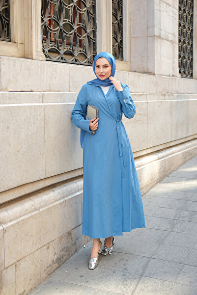 LOCCO Γυναικείο φόρεμα ποπλίνας με πλαϊνό δέσιμο Indigo Blue