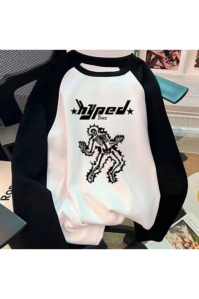 Touz Moda Hyped Touz Printed Raglan Long Sleeve Printed White T-Shirt