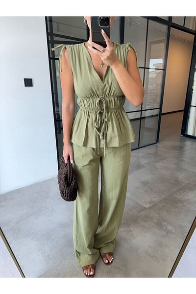BB Bensu Buyruk Shoulder Pull-Khaki Linen Set