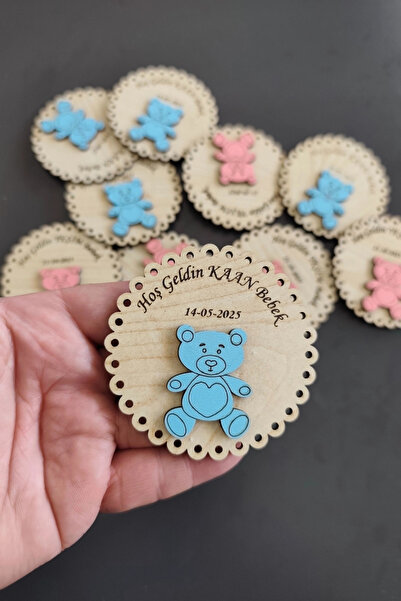 Kutaydan Cute Teddy Bear Patterned Welcome Wooden Baby Magnet Blue - 20 Pieces