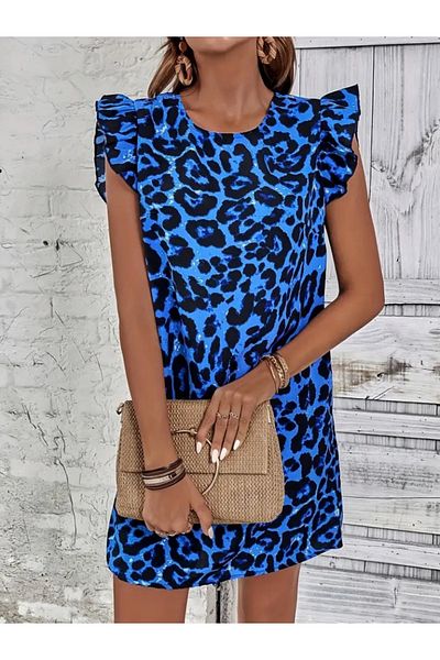 JANES Rochie de damă, fără mâneci, cu cravată la spate, cu volane, cu imprimeu leopard