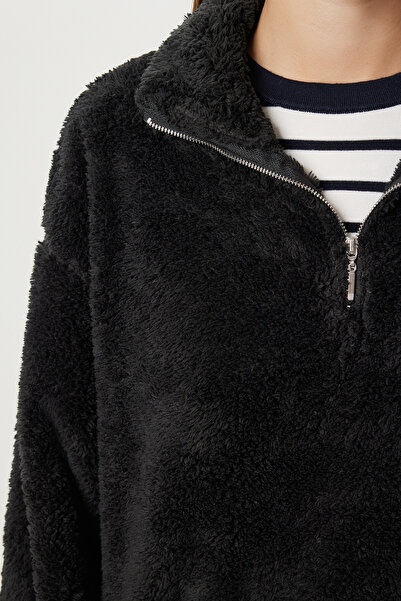 Happiness İstanbul Γυναικείο μαύρο βελούδινο φούτερ με φερμουάρ ZV00343