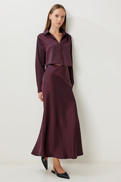 Happiness İstanbul Women's Plum Satin Surface Crop Shirt Skirt Suit Yp00120