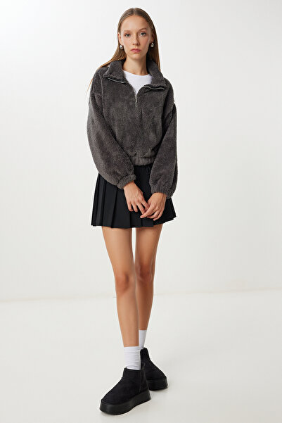 Happiness İstanbul Women's Anthracite Zippered Plush Sweatshirt Zv00343