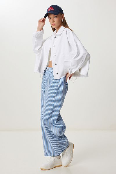 Happiness İstanbul Women's Ecru Tassel Detailed Pocket Denim Jacket Vc00008