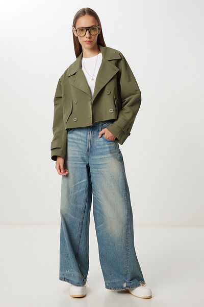 Happiness İstanbul Trench scurt pentru damă, kaki, cu guler dublu, KT00029