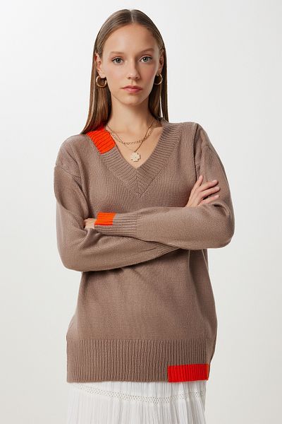 Happiness İstanbul Women's Mink Contrast Stripe Knitwear Sweater Nv00081