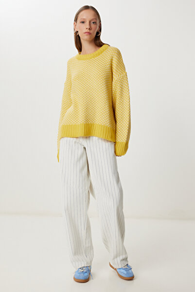 Happiness İstanbul Kadın Sarı Kemik Desenli Triko Kazak NV00078