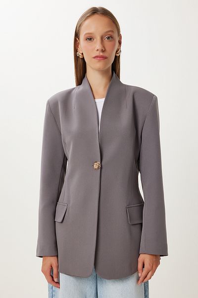 Happiness İstanbul Women's Gray Padded Stylish Buttoned Woven Jacket Kt00018