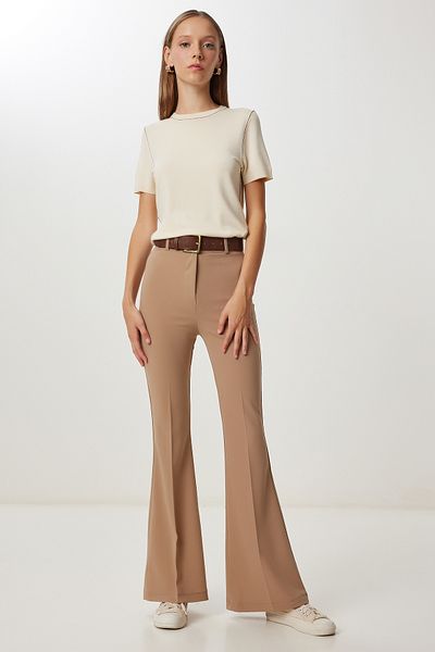 Happiness İstanbul Women's Beige Spanish Leg Woven Trousers Yp00121
