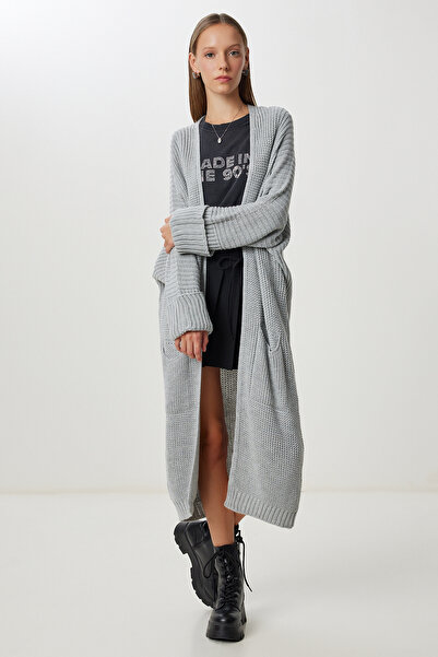 Happiness İstanbul Women's Gray Pocketed Long Knitwear Cardigan Yg00108