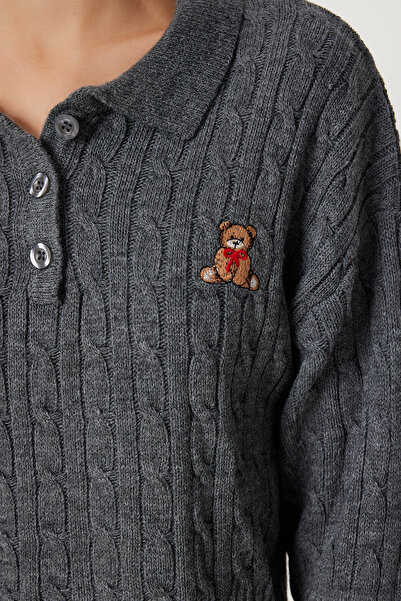 Happiness İstanbul Women's Anthracite Polo Neck Teddy Bear Embroidered Knitwear Sweater Kh00102