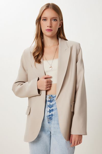 Happiness İstanbul Damen-Blazerjacke mit Steinfutter und Schalkragen KT00022