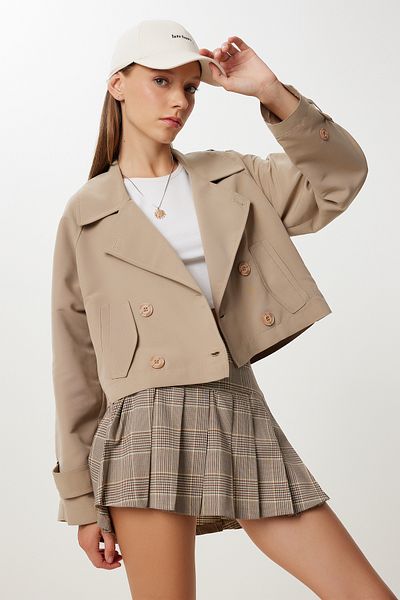 Happiness İstanbul Trench scurt pentru femei, verde argilă, cu guler dublu, KT00029