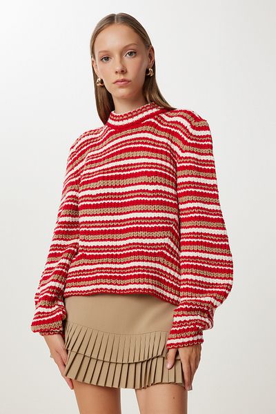 Happiness İstanbul Women's Red Bone Striped Knitwear Sweater Nv00076