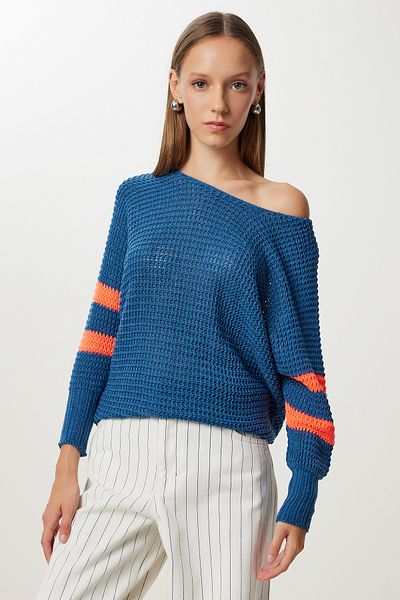Happiness İstanbul Women's Indigo Blue Contrast Color Long Knitwear Sweater Yg00106