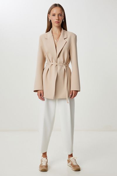 Happiness İstanbul Women's Dark Cream Padded Belted Blazer Woven Jacket Kt00023