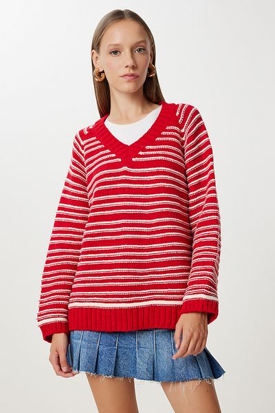 Happiness İstanbul Women's Red Bone Striped Oversize Knitwear Sweater Nv00077