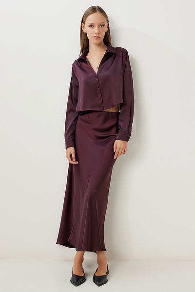 Happiness İstanbul Women's Plum Satin Surface Crop Shirt Skirt Suit Yp00120