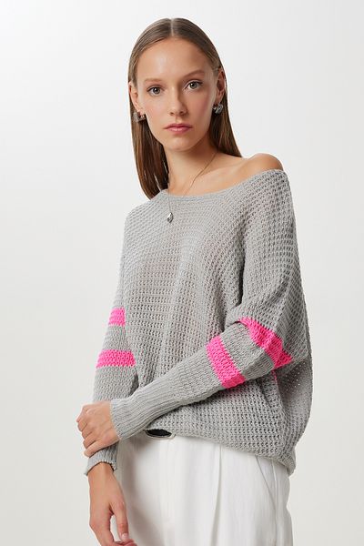 Happiness İstanbul Women's Gray Contrast Color Long Knitwear Sweater Yg00106