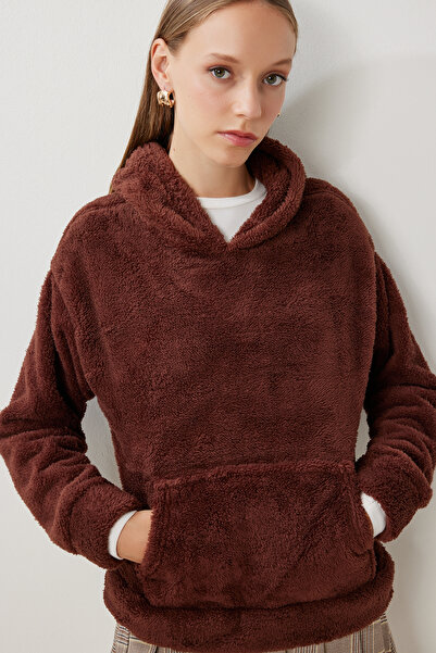 Happiness İstanbul Дамски кафяв полар с качулка и джоб ZV00344