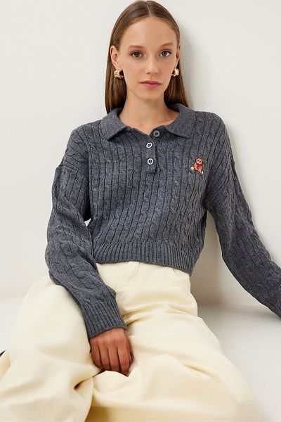 Happiness İstanbul Pulover de damă antracit cu guler polo ursuleț brodat tricotaj KH00102