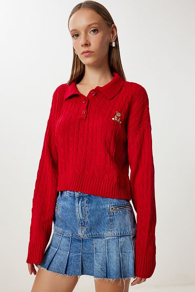 Happiness İstanbul Women's Red Polo Neck Teddy Bear Embroidered Knitwear Sweater Kh00102
