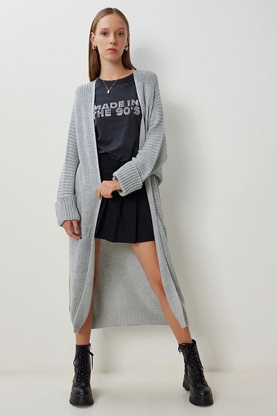 Happiness İstanbul Women's Gray Pocketed Long Knitwear Cardigan Yg00108