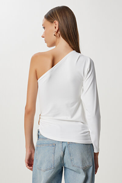 Happiness İstanbul Women's Ecru One Shoulder Sandy Blouse with Gold Accessories Zv00342