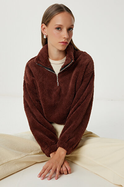 Happiness İstanbul Дамски кафяв плюшен суитшърт с цип ZV00343