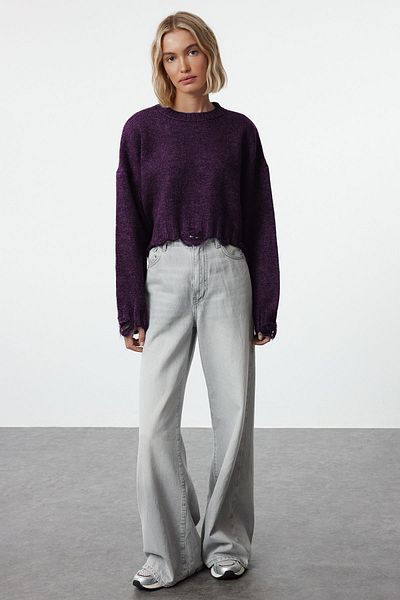 Trendyol Collection Лилав къс пуловер с широк десен, мека текстура, развяващ се детайлен трикотаж TWOAW24KZ00319