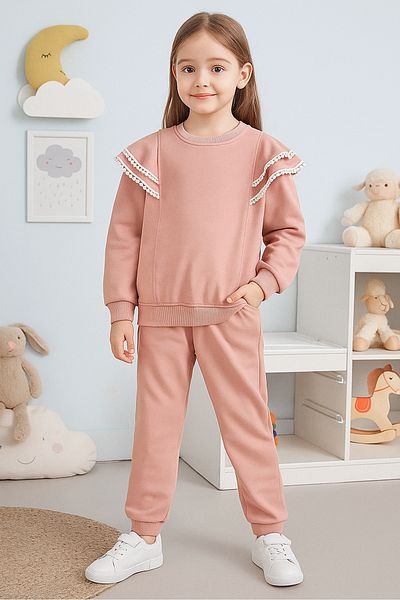 TRENDYOLKIDS Girl's Dusty Rose Seasonal Ruffled Sweatshirt and Sweatpants Set - Tkdaw25Au00081