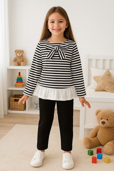 TRENDYOLKIDS Комплект з чорного бавовняного смугастого світшоту та костюма для дівчинки TKDAW25AU00053