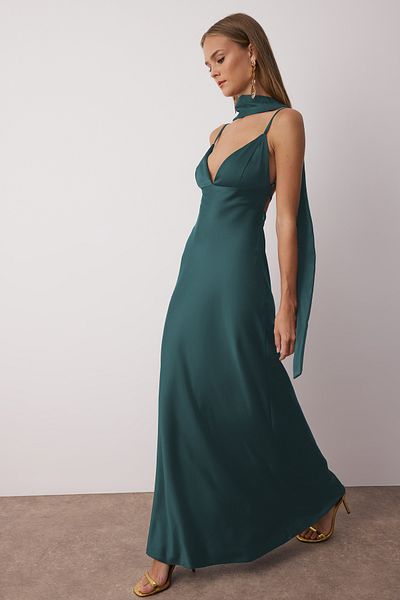 Trendyol Collection Petrol Shawl Detail Satin Woven Maxi Evening Dress Night Homecoming Dress Tprss25El00312