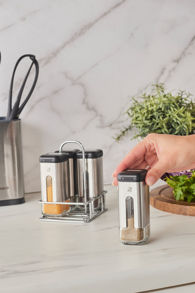 Karaca Shinex Inox 4 Piece Glass Spice Set with Stand 100 ml