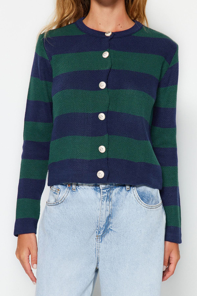 Trendyol Collection Sötétkék csíkos kötött kardigán - kabát megjelenés, TWOAW24HI00091