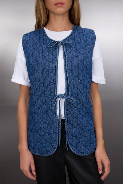 Trendyol Collection Modrá přední kravata prošívaná džínová vesta Twoss25Ye00000