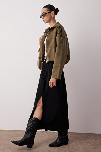 Trendyol Collection Tartósabb fekete hasított szegélyű maxi farmer szoknya TWOSS23ET00290