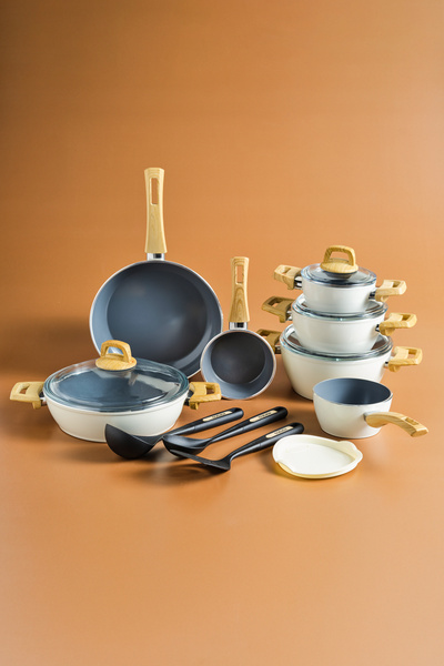 Karaca X Refika Swiss Crystal 15 Piece Pot and Pan Set Creamy