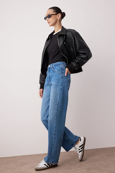 Trendyol Collection Μπλε ψηλόμεσο φαρδύ τζιν με φαρδύ πόδι TWOAW24JE00074