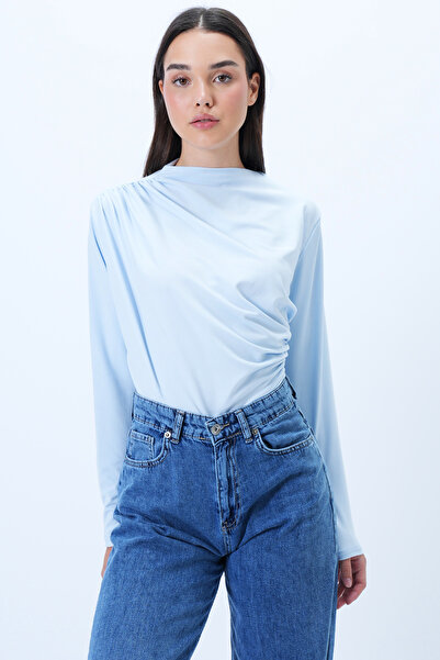 Trend Alaçatı Stili Bluză crop Sandy pentru femei, albastru gheață, cu guler ridicat, cu umăr ALC-X9554