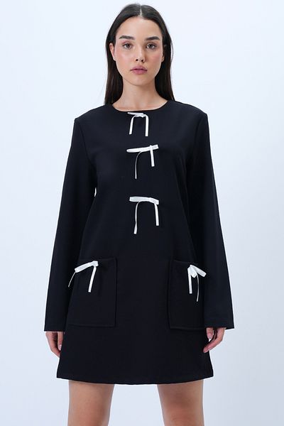 Trend Alaçatı Stili Women's Black Crew Neck Bow Detail Hidden Zipper Double Pocket Woven Dress Alc-X14298