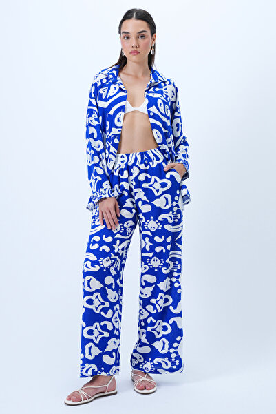 Trend Alaçatı Stili Women's Saks Patterned Woven Shirt and Double Pocket Palazzo Trousers Set Alc-X14297